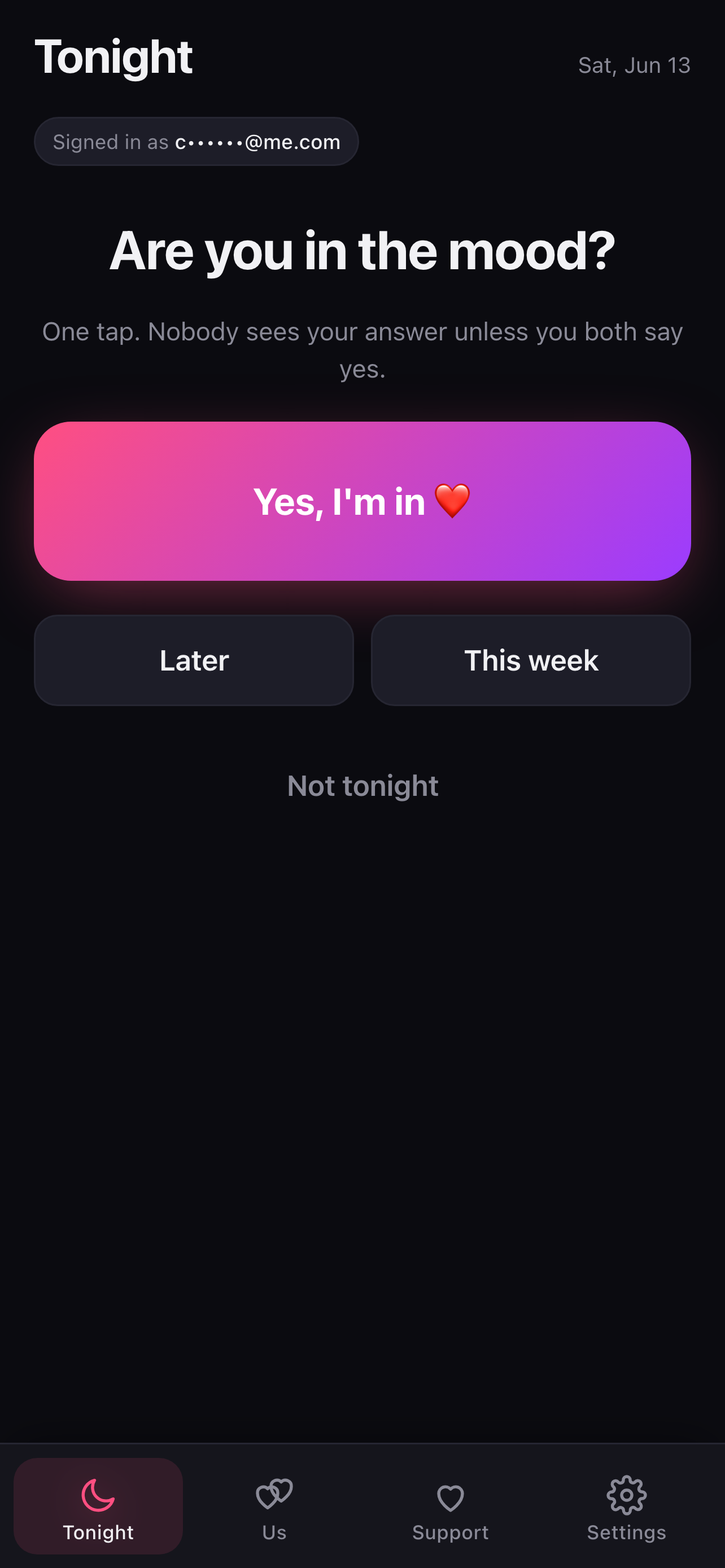 YesTonight app screen showing tonight's one-tap yes/no prompt
